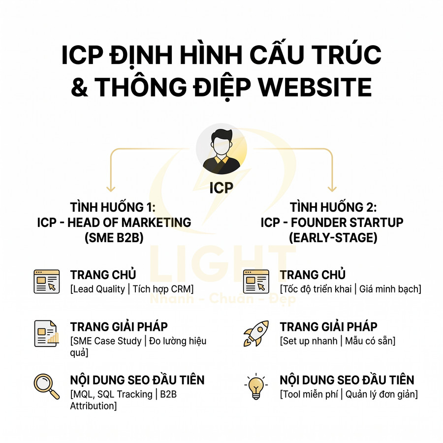 Sơ đồ ICP định hình cấu trúc và thông điệp website cho head of marketing SME B2B và founder startup