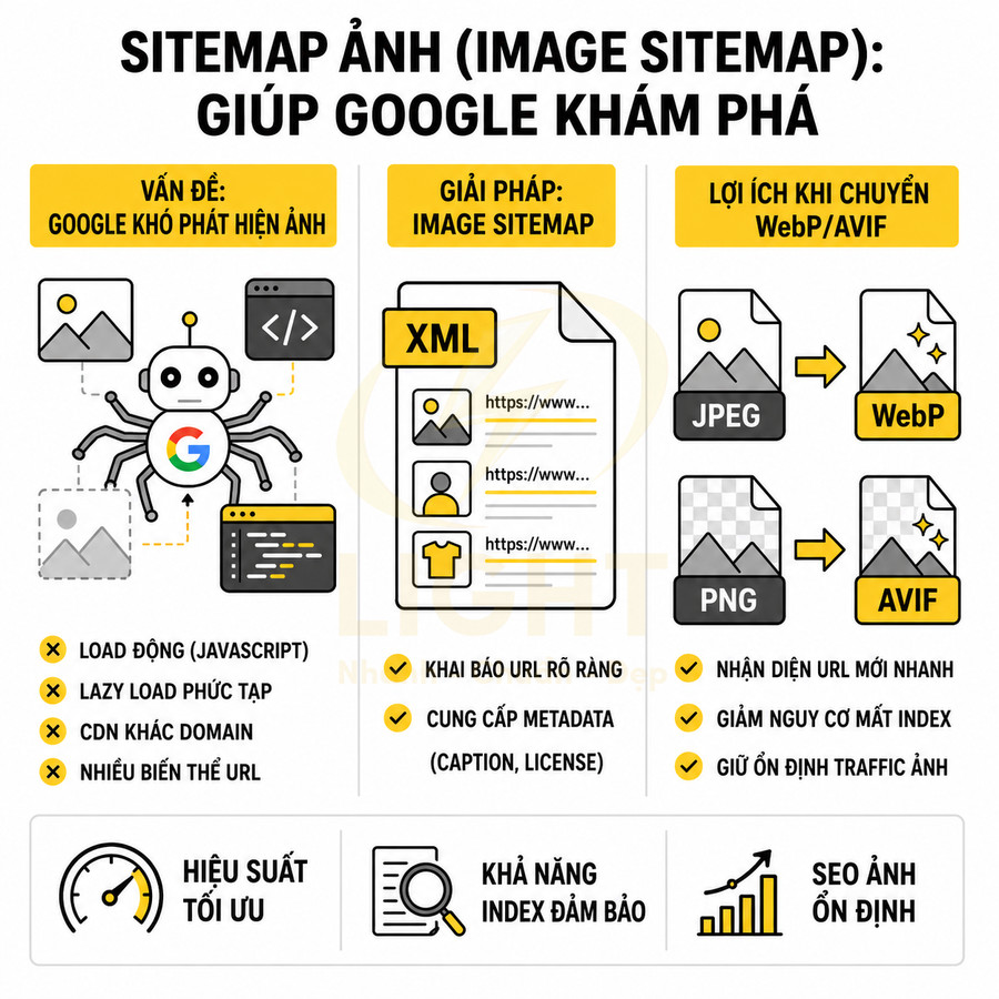 Minh họa sitemap ảnh giúp Google index hình ảnh tốt hơn và lợi ích chuyển đổi định dạng WebP AVIF