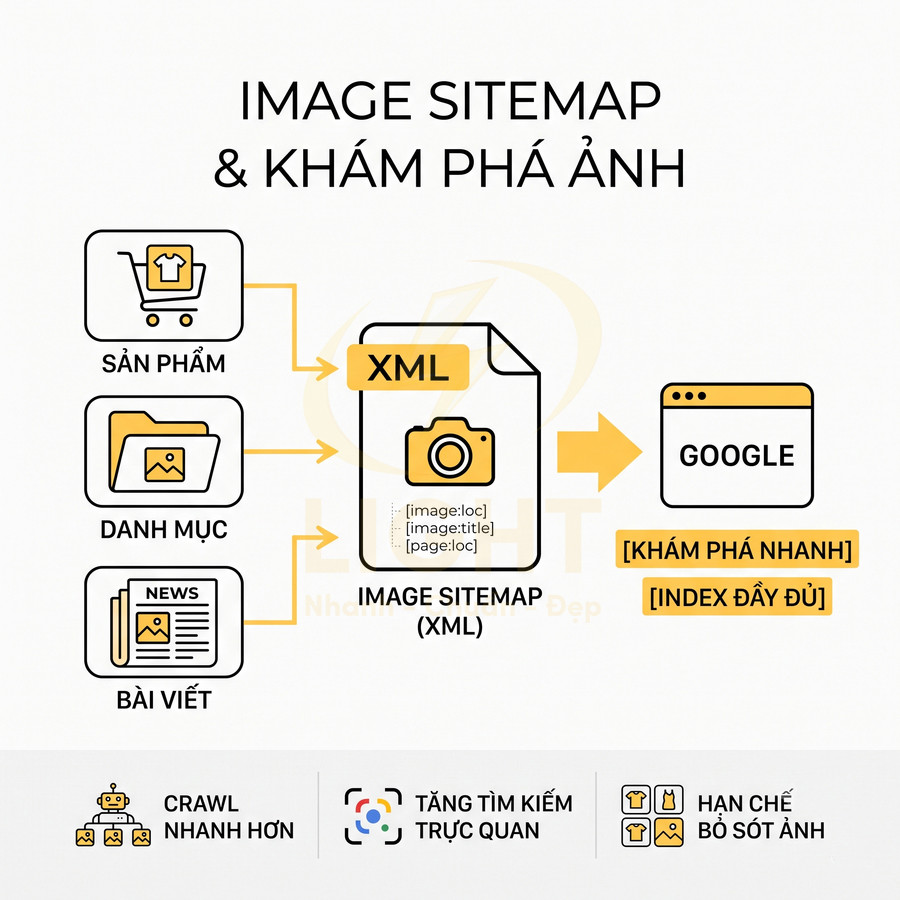 Sơ đồ image sitemap XML giúp Google khám phá nhanh hình ảnh sản phẩm danh mục và bài viết