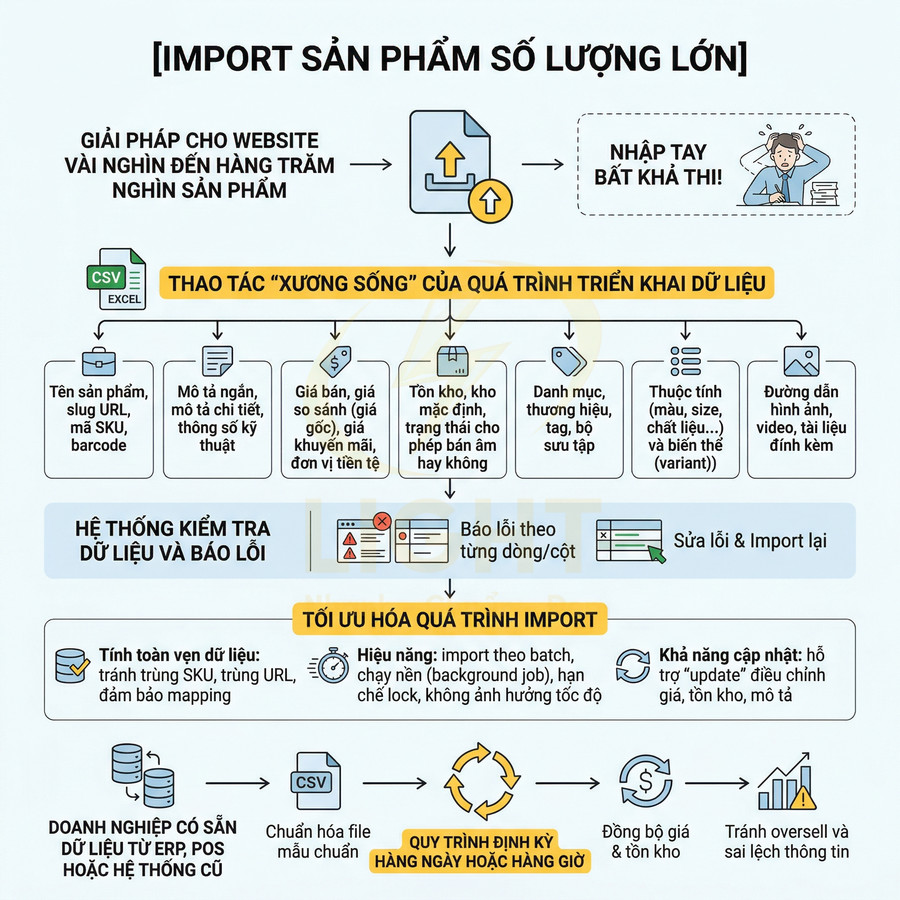 Quy trình import sản phẩm số lượng lớn từ file CSV Excel lên website với kiểm tra dữ liệu và tối ưu tồn kho