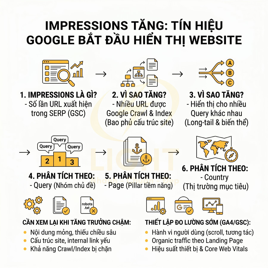 Infographic giải thích impressions tăng trong Google Search Console và cách phân tích truy vấn, trang, quốc gia cho SEO website