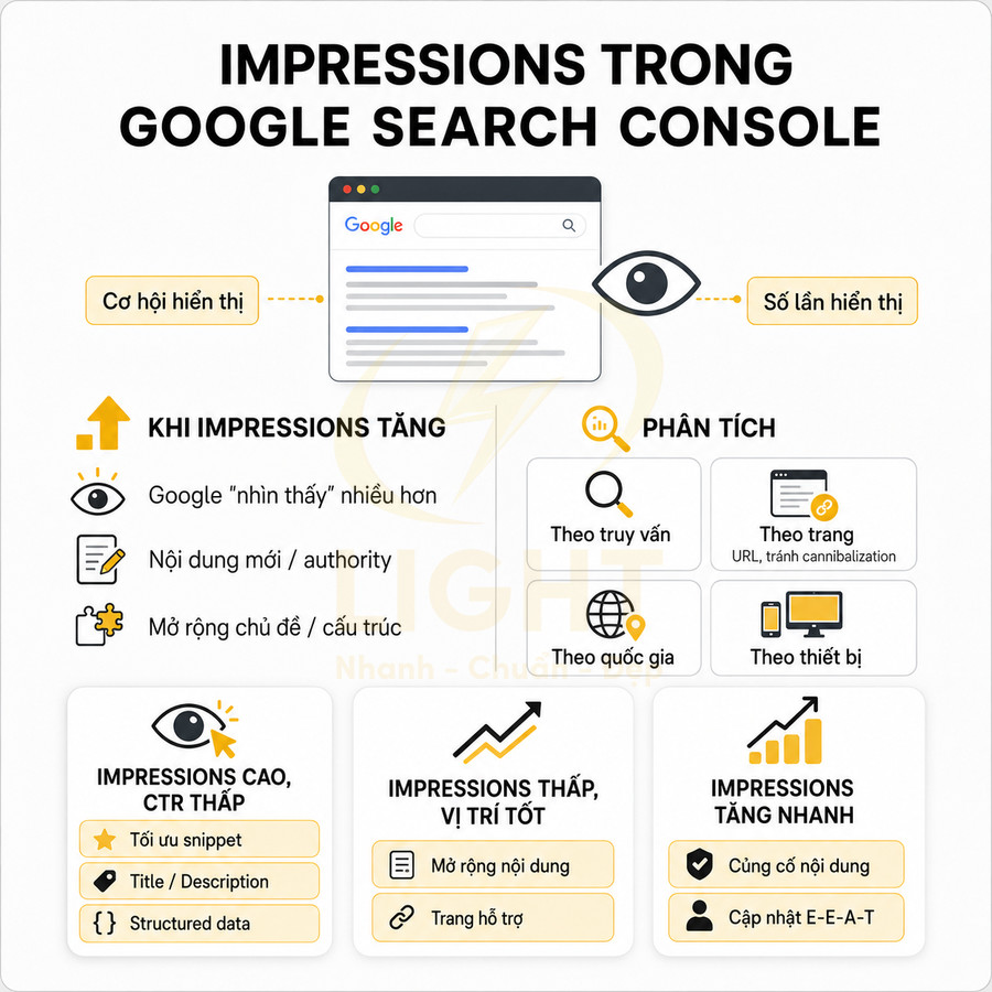 Infographic giải thích ý nghĩa impressions trong Google Search Console và cách phân tích tối ưu SEO