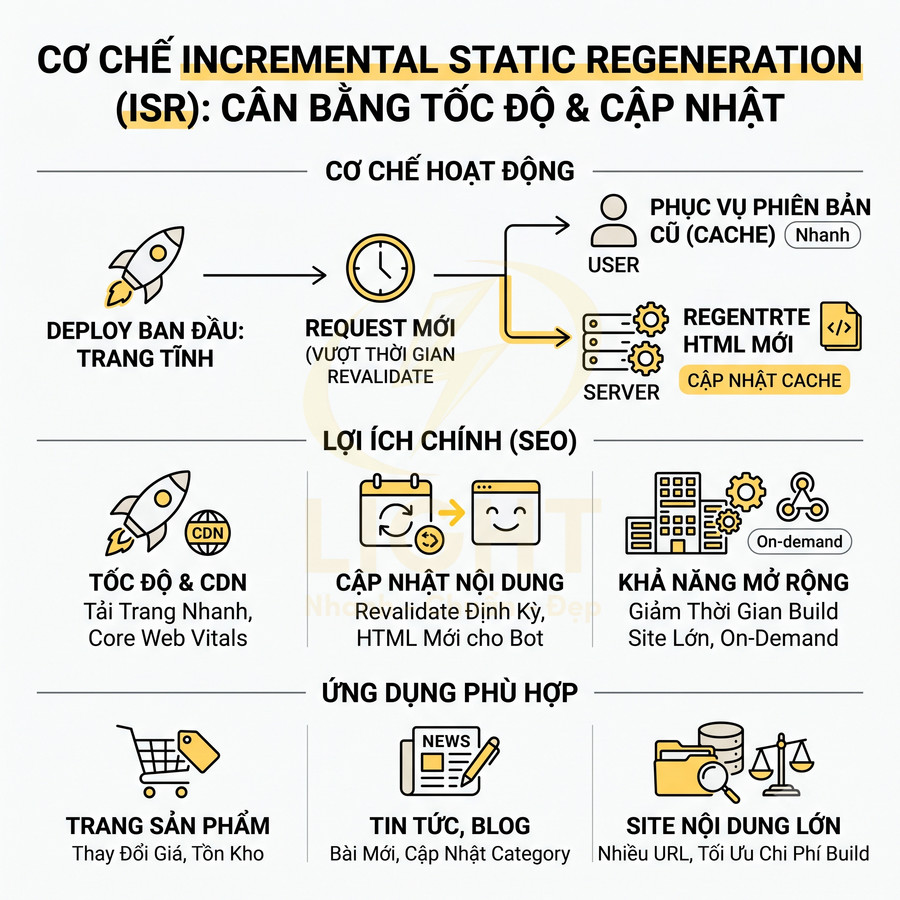 Infographic cơ chế Incremental Static Regeneration ISR cân bằng tốc độ tải trang và cập nhật nội dung cho website
