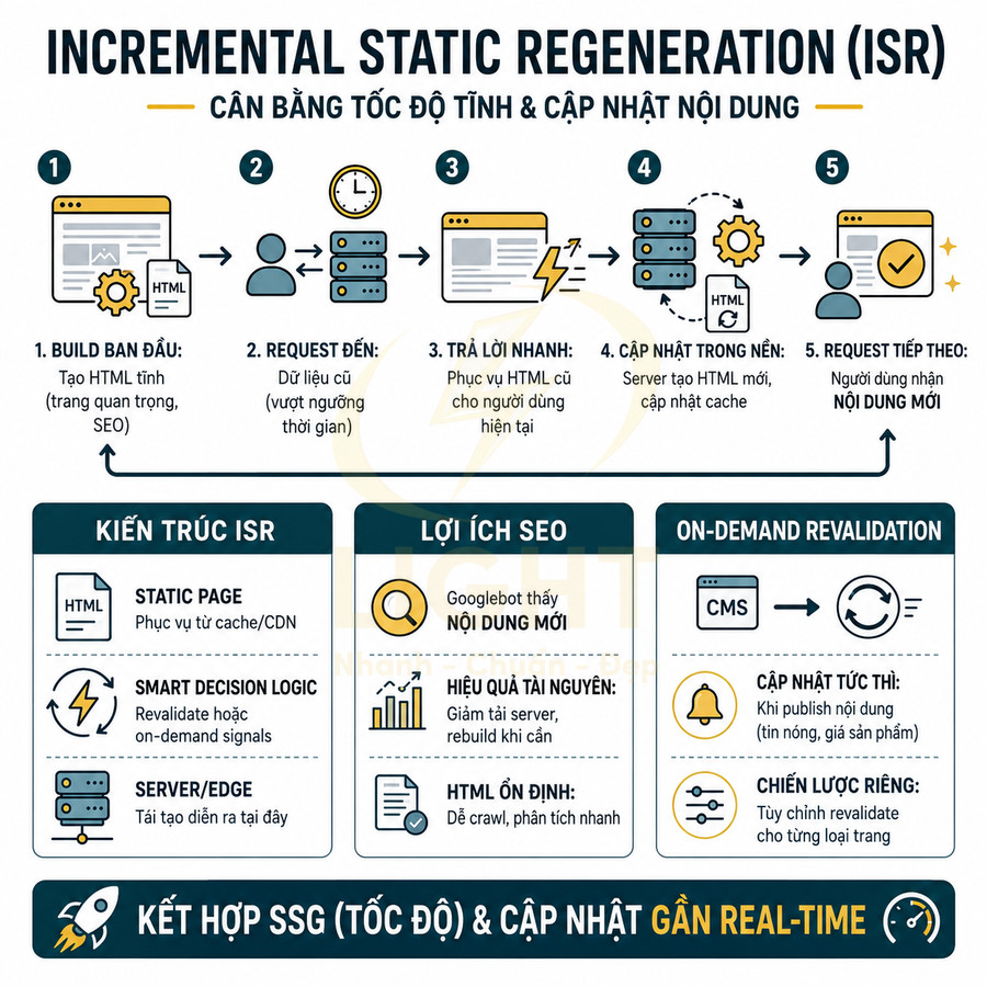 Mô hình Incremental Static Regeneration ISR minh họa quy trình cập nhật nội dung web nhanh và tối ưu SEO