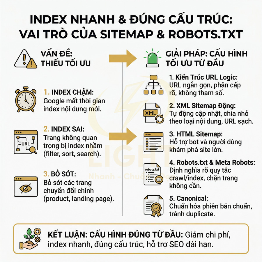Infographic hướng dẫn tối ưu sitemap và robots.txt để index nhanh, đúng cấu trúc cho website SEO