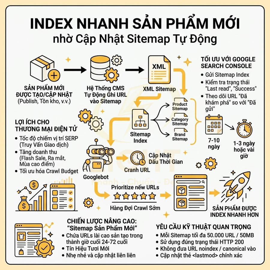 Infographic hướng dẫn index nhanh sản phẩm mới nhờ cập nhật sitemap tự động cho website thương mại điện tử