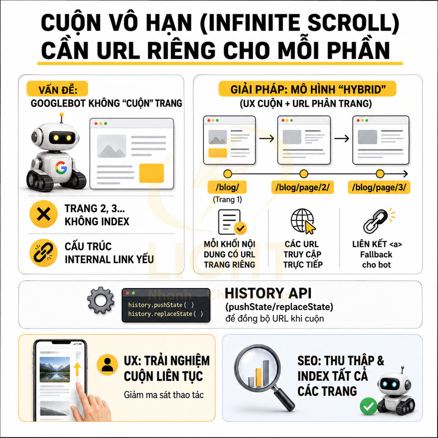 Infographic hướng dẫn SEO cho cuộn vô hạn với URL riêng từng phần, dùng History API để Googlebot index đầy đủ trang