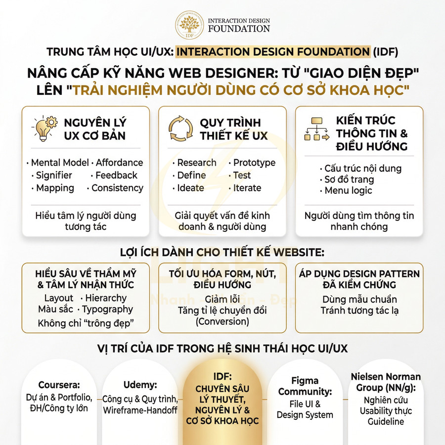 Poster giới thiệu khóa học UI UX của Interaction Design Foundation IDF với nội dung về nguyên lý và quy trình thiết kế UX