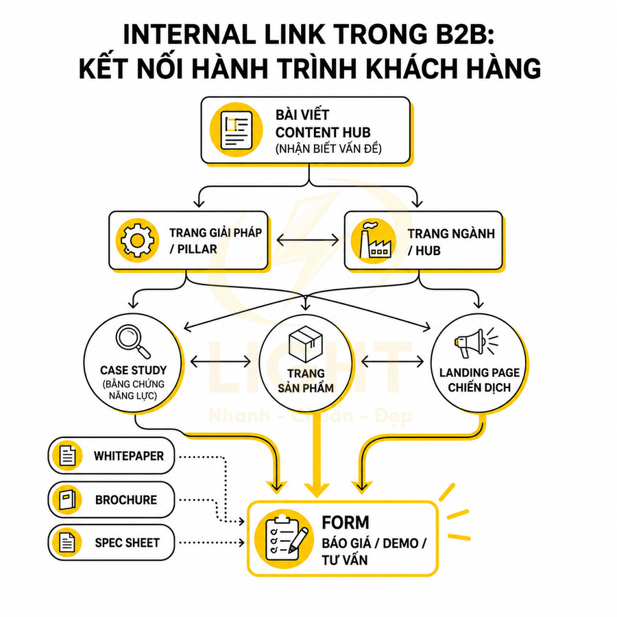 Sơ đồ internal link B2B kết nối content hub, trang giải pháp, sản phẩm, landing page tới form báo giá demo tư vấn
