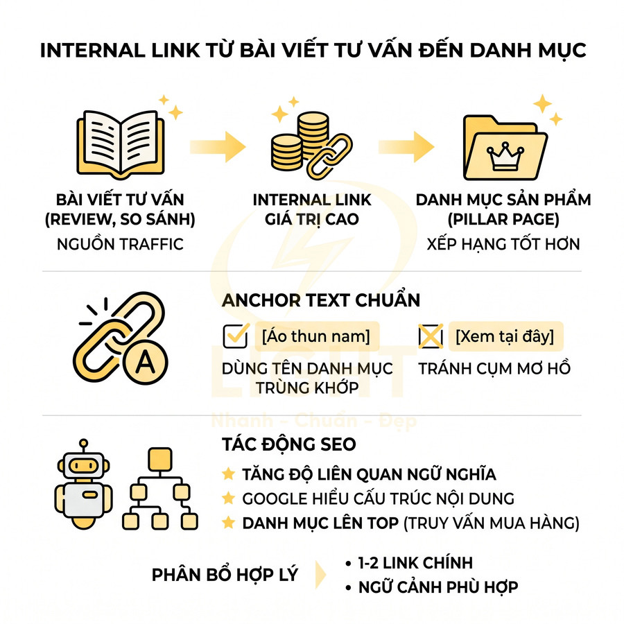 Hướng dẫn internal link từ bài viết tư vấn đến danh mục sản phẩm với anchor text chuẩn và tác động SEO