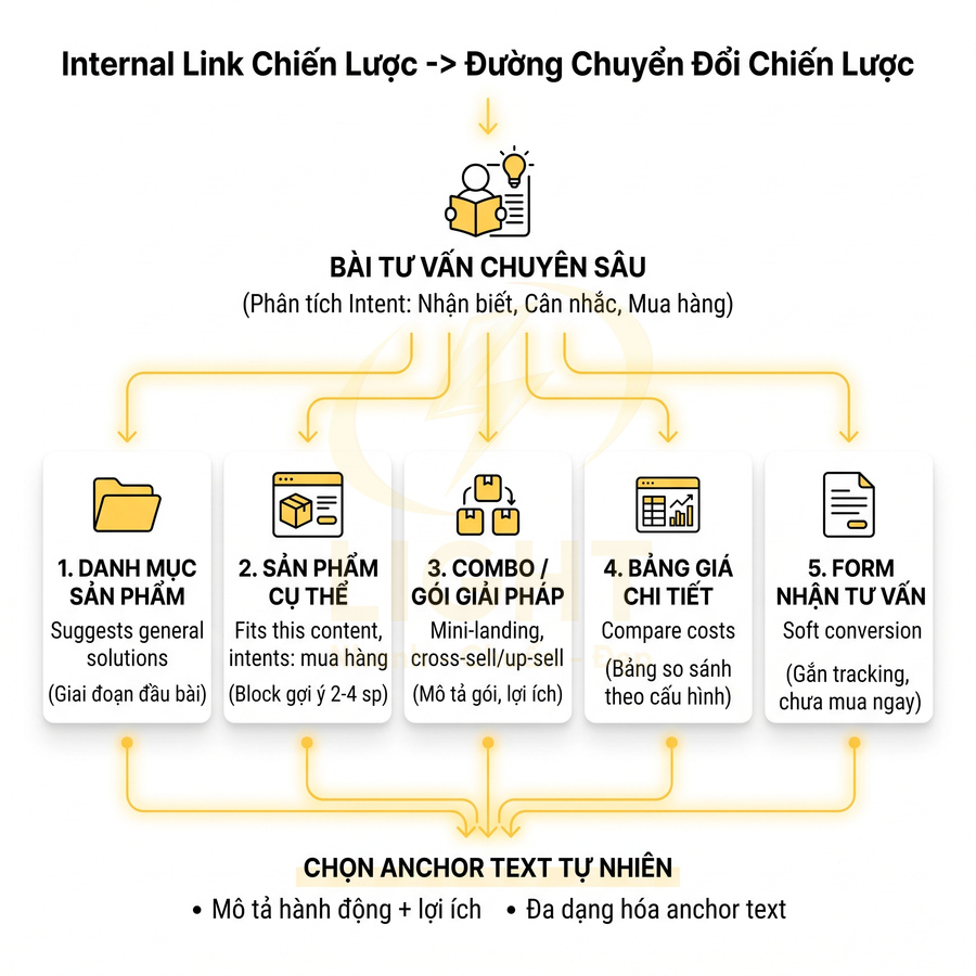 Sơ đồ internal link chiến lược dẫn từ bài tư vấn đến danh mục sản phẩm, combo, bảng giá và form nhận tư vấn