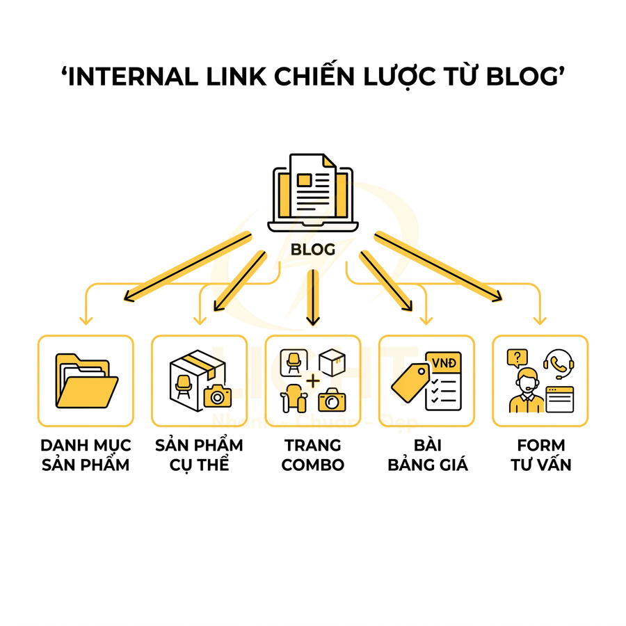 Sơ đồ internal link từ blog dẫn tới danh mục sản phẩm, sản phẩm cụ thể, combo, bảng giá và form tư vấn