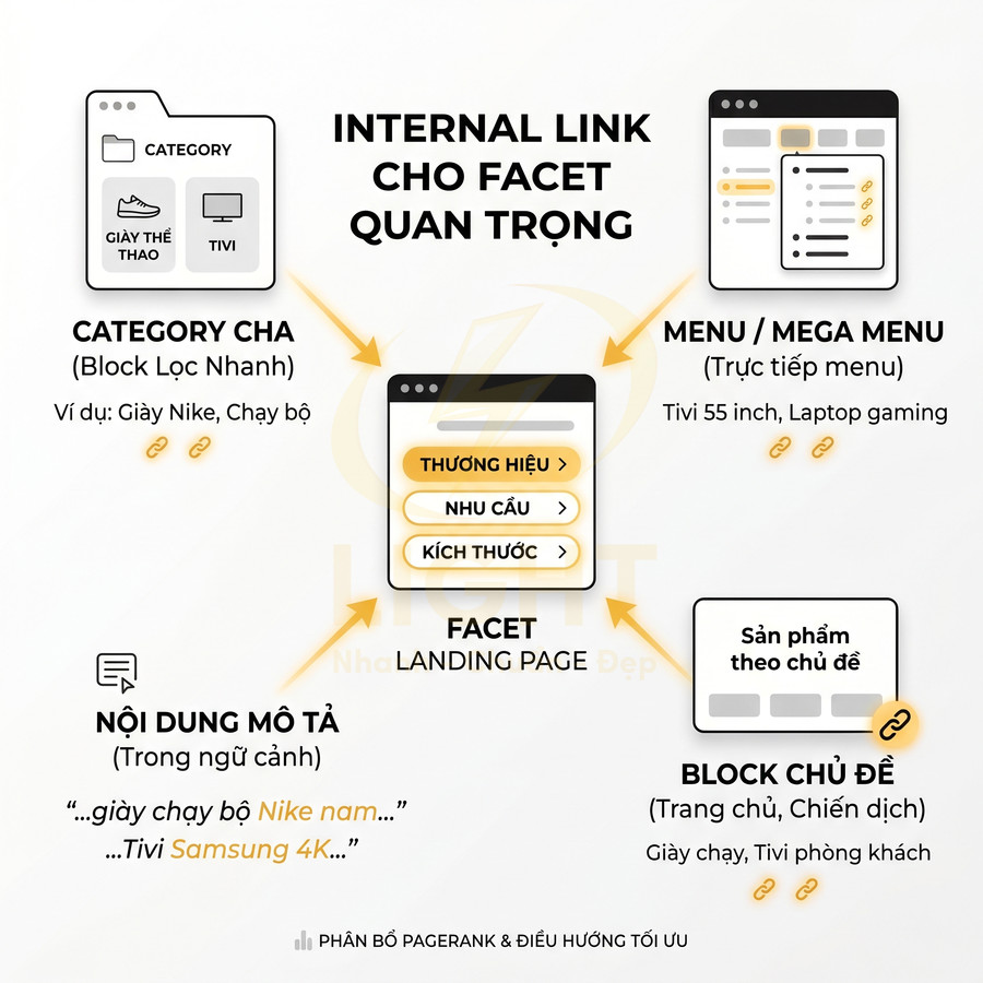 Sơ đồ internal link cho facet landing page sản phẩm như giày Nike, tivi Samsung, laptop gaming trên website thương mại điện tử