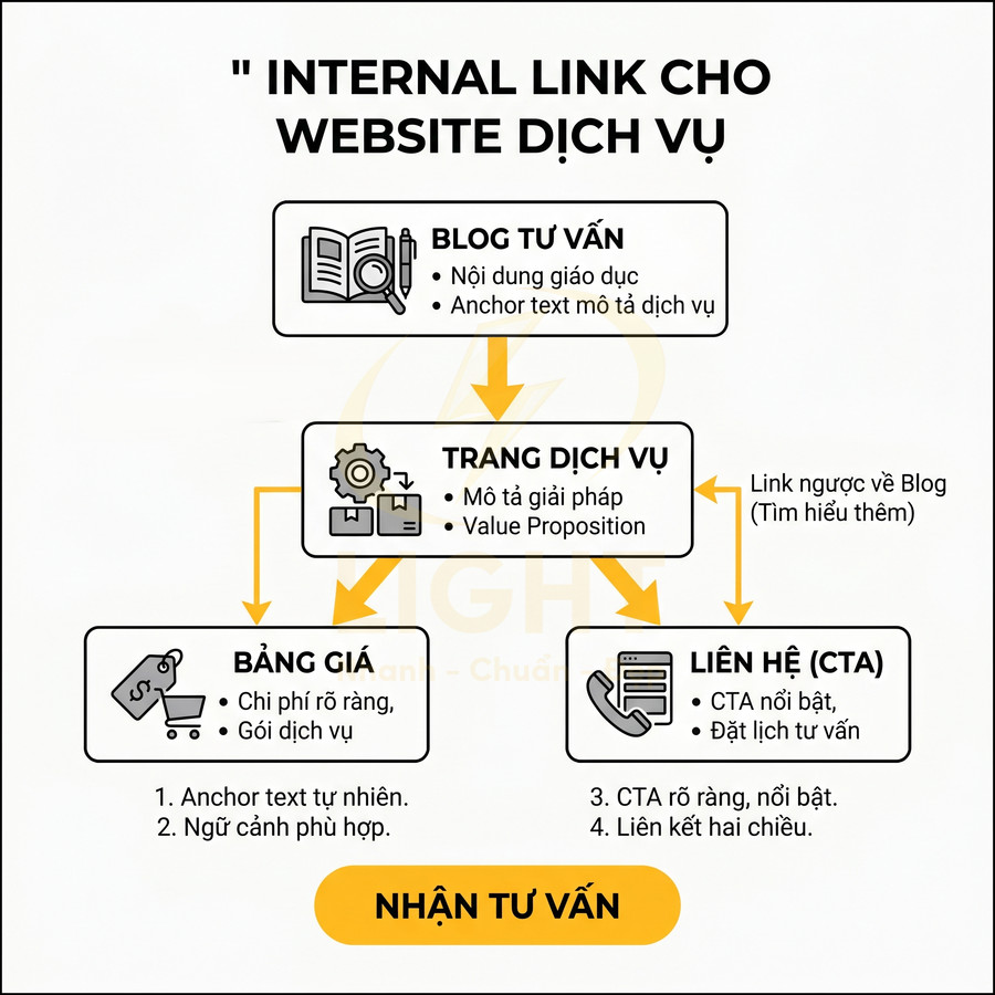 Sơ đồ internal link cho website dịch vụ với blog tư vấn, trang dịch vụ, bảng giá, liên hệ và nút nhận tư vấn