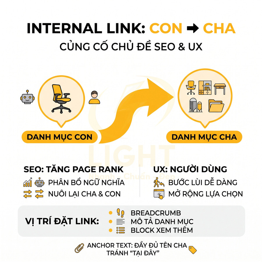 Hình minh họa internal link từ danh mục con sang danh mục cha giúp tăng SEO và cải thiện trải nghiệm người dùng