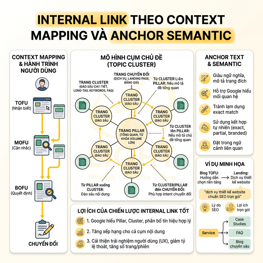 Sơ đồ internal link theo context mapping và anchor semantic cho pillar page và các trang vệ tinh SEO