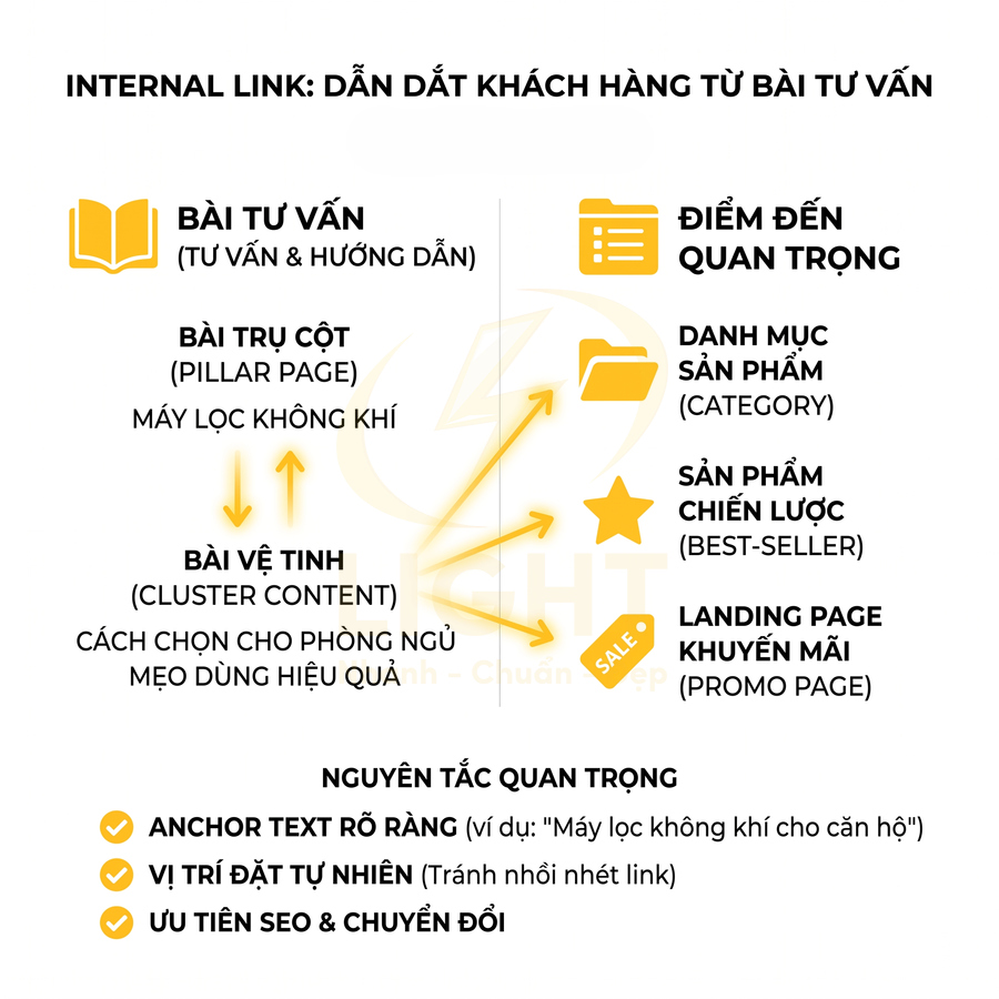 Sơ đồ internal link dẫn khách từ bài tư vấn đến danh mục, sản phẩm chiến lược và landing page khuyến mãi