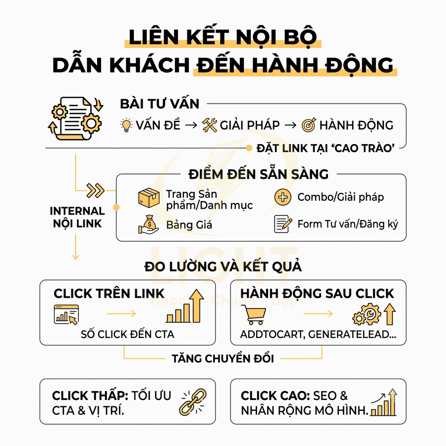 Sơ đồ quy trình dùng liên kết nội bộ dẫn khách từ bài tư vấn đến trang sản phẩm và tăng chuyển đổi SEO