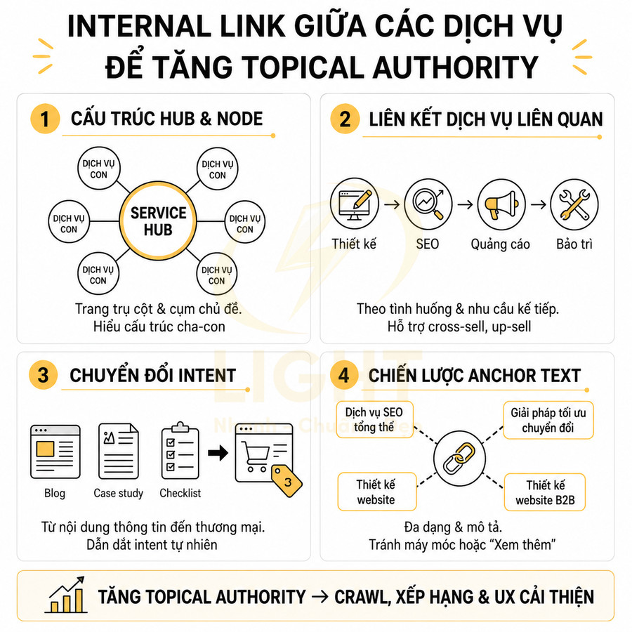 Mô hình internal link giữa các dịch vụ SEO để tăng topical authority và cải thiện crawl, xếp hạng, UX