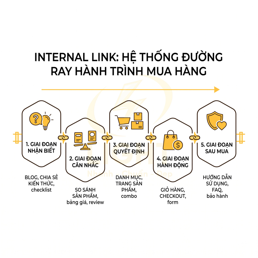 Sơ đồ internal link mô tả 5 giai đoạn hành trình mua hàng từ nhận biết đến sau mua