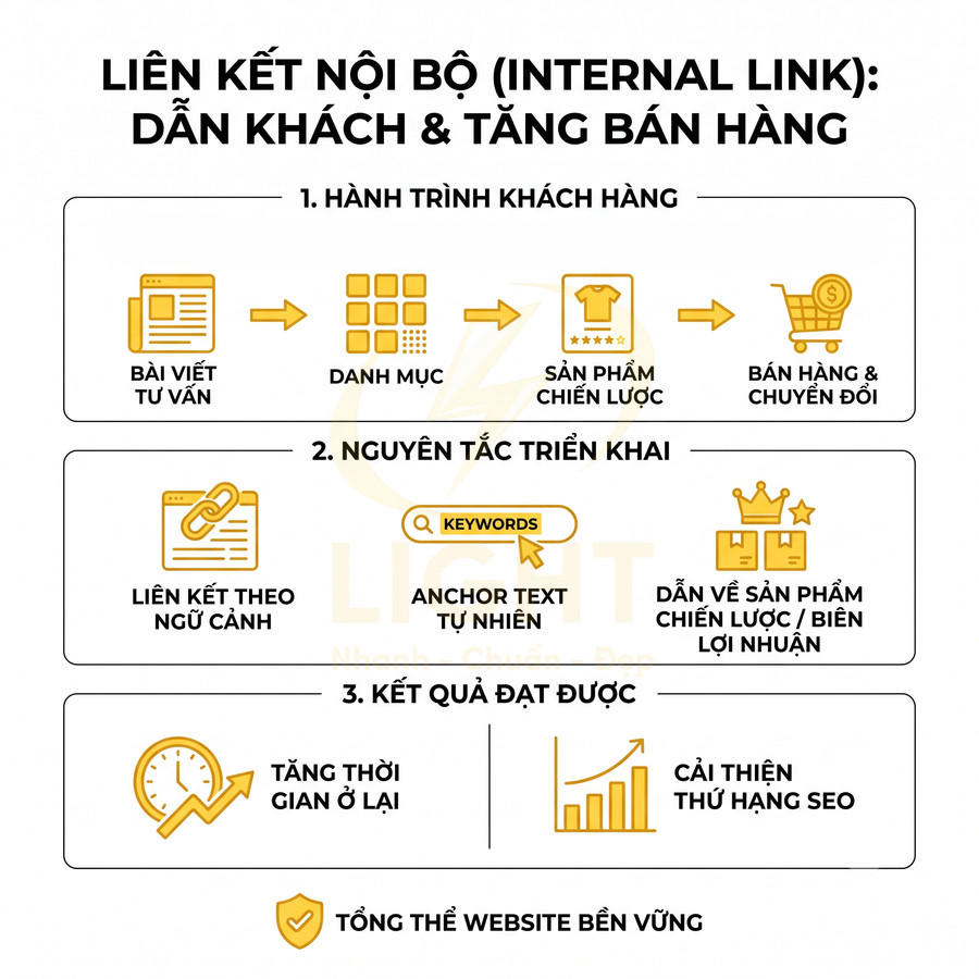 Sơ đồ quy trình liên kết nội bộ website để dẫn khách hàng, tăng chuyển đổi và cải thiện thứ hạng SEO
