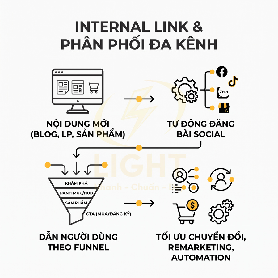 Sơ đồ internal link và phân phối đa kênh dẫn người dùng theo funnel và tối ưu chuyển đổi marketing