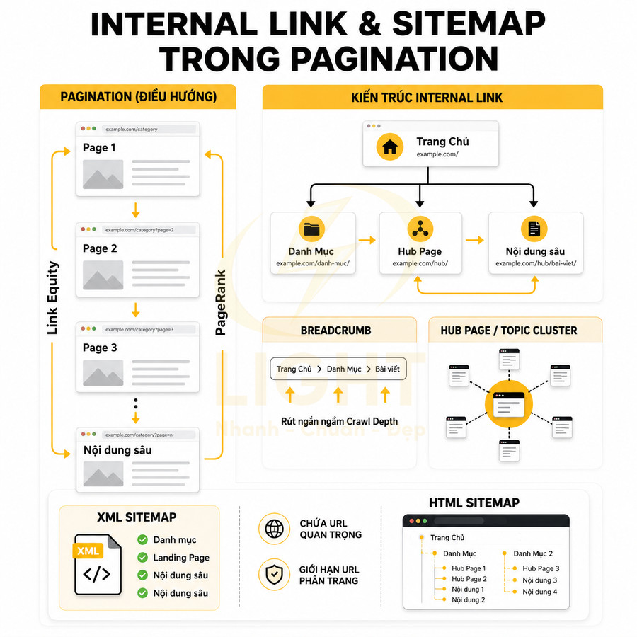 Sơ đồ internal link và sitemap trong pagination, minh họa cấu trúc trang chủ, danh mục, hub page và nội dung sâu cho SEO
