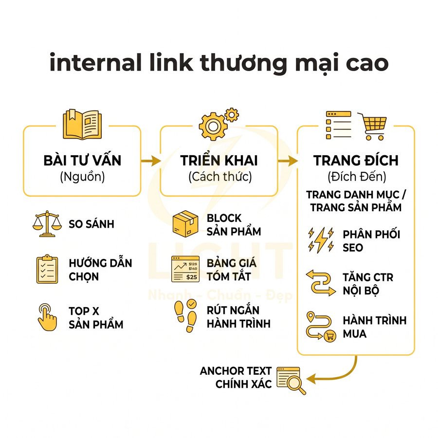 Sơ đồ quy trình internal link thương mại cao từ bài tư vấn đến trang đích sản phẩm tối ưu SEO
