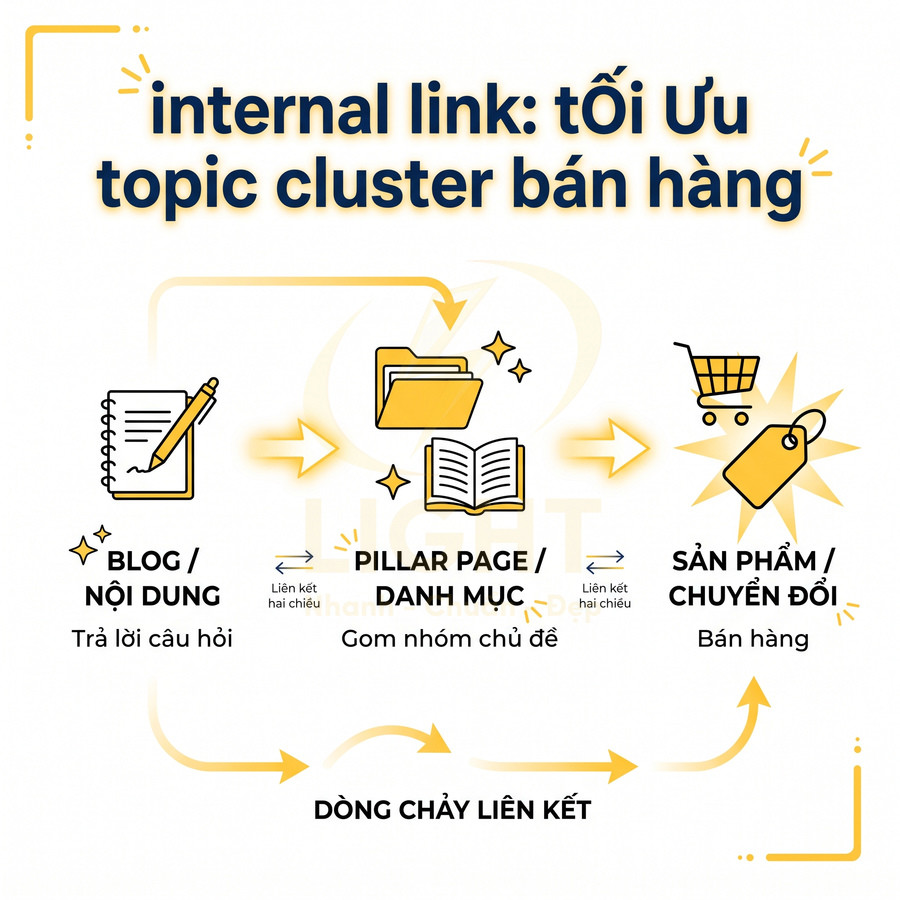Sơ đồ internal link tối ưu topic cluster bán hàng từ blog đến pillar page và trang sản phẩm chuyển đổi