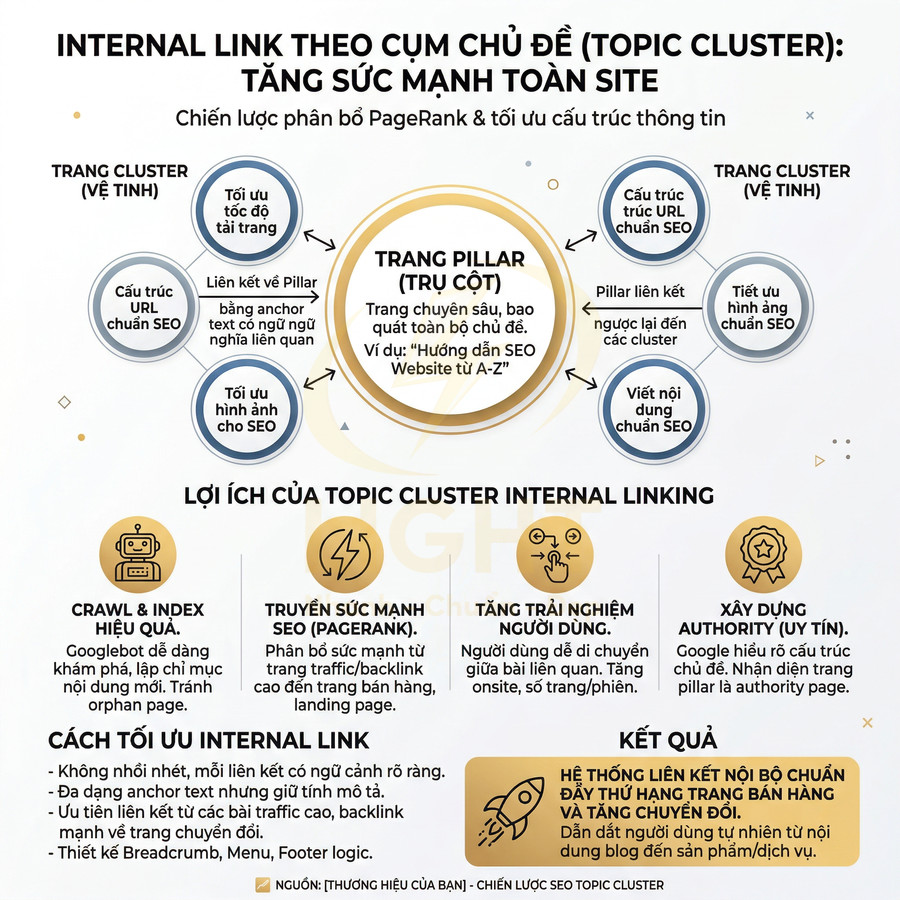 Mô hình internal link theo cụm chủ đề topic cluster tối ưu SEO với trang pillar và các trang cluster vệ tinh