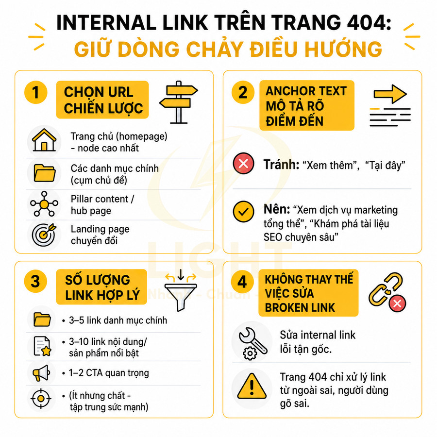 Hướng dẫn tối ưu internal link trên trang 404 với 4 bước chọn URL, anchor text, số lượng link và sửa broken link