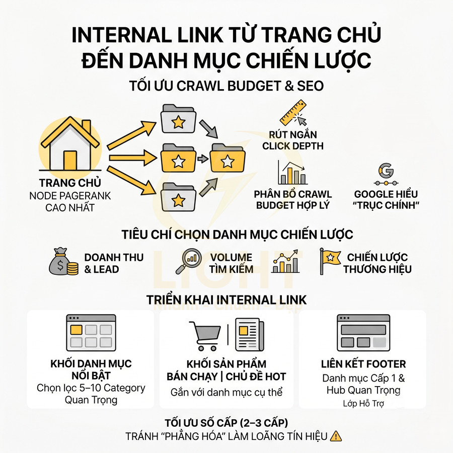 Hướng dẫn xây dựng internal link từ trang chủ đến danh mục chiến lược để tối ưu crawl budget và SEO