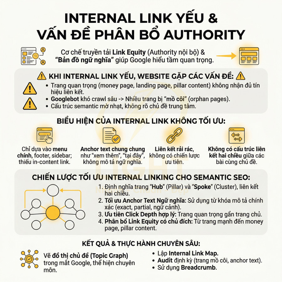 Infographic tiếng Việt giải thích internal link yếu, vấn đề phân bổ authority và chiến lược tối ưu internal linking cho SEO