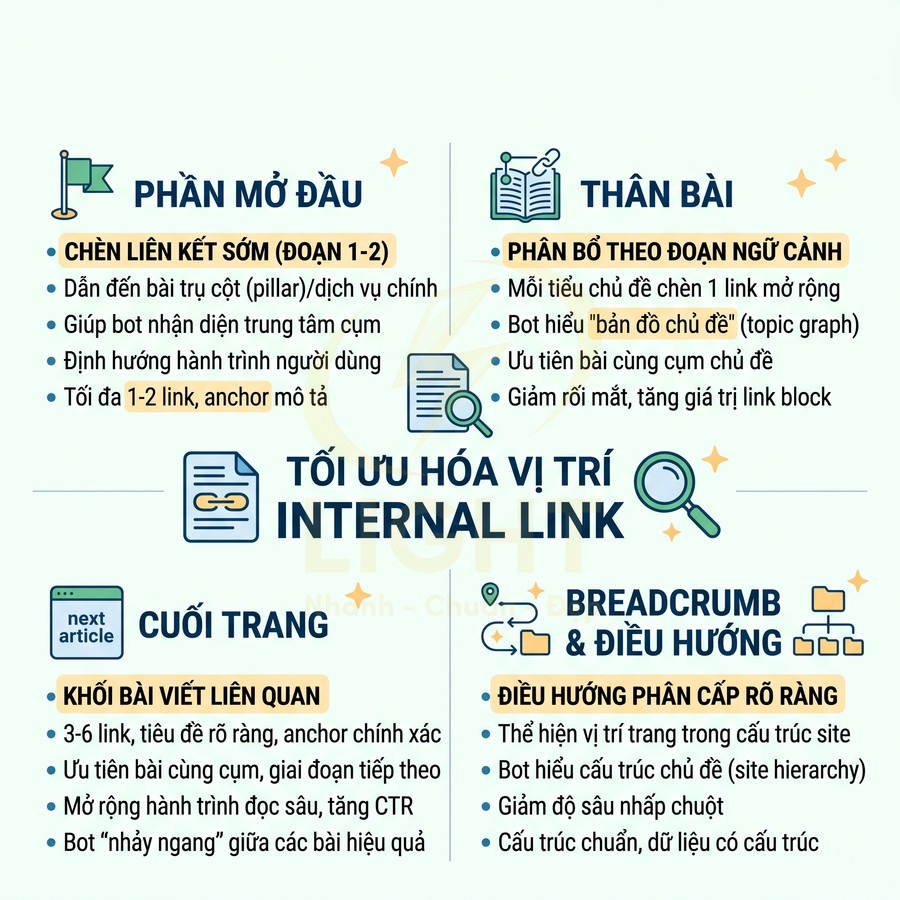 Chiến lược internal linking tối ưu SEO với liên kết sớm, breadcrumb, phân bổ anchor text và bài viết liên quan