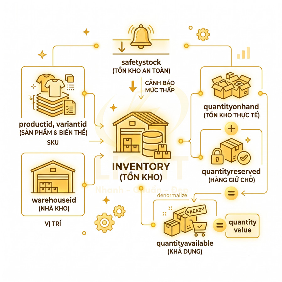 Sơ đồ quy trình quản lý tồn kho với sản phẩm, nhà kho, tồn kho an toàn và số lượng khả dụng