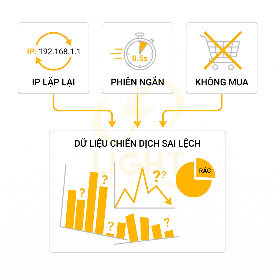 Minh họa IP lặp lại, phiên truy cập ngắn, không mua hàng gây dữ liệu chiến dịch quảng cáo sai lệch