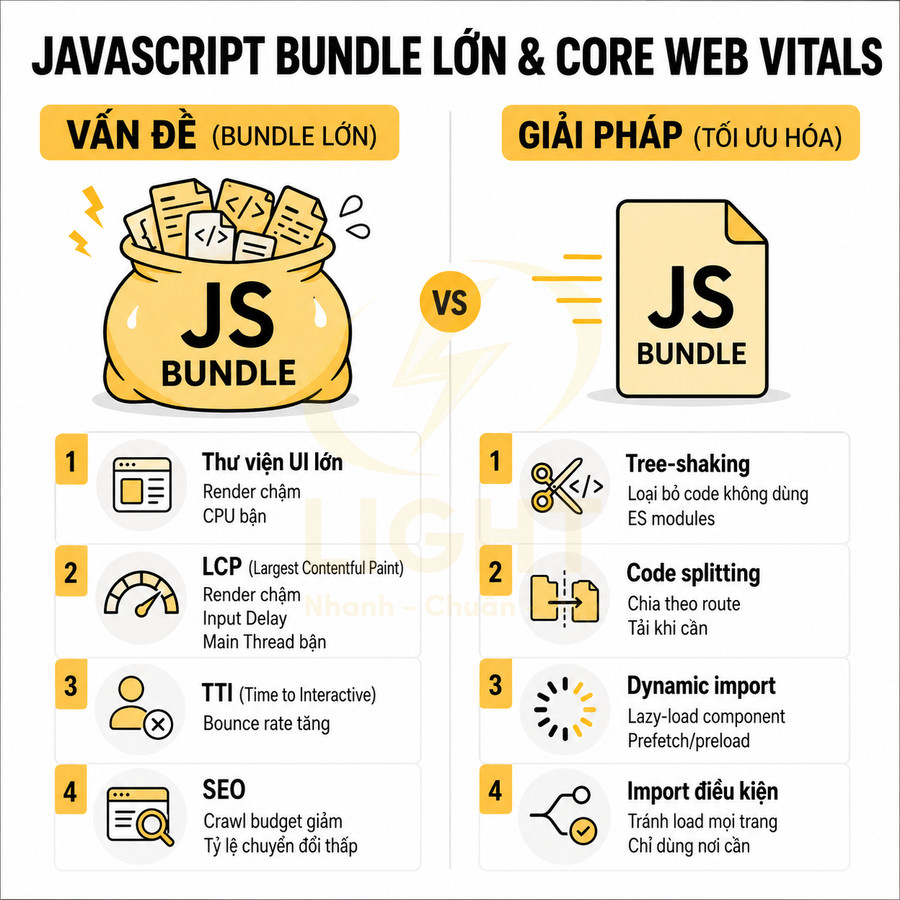 So sánh vấn đề javascript bundle lớn và giải pháp tối ưu hóa core web vitals bằng tree shaking, code splitting