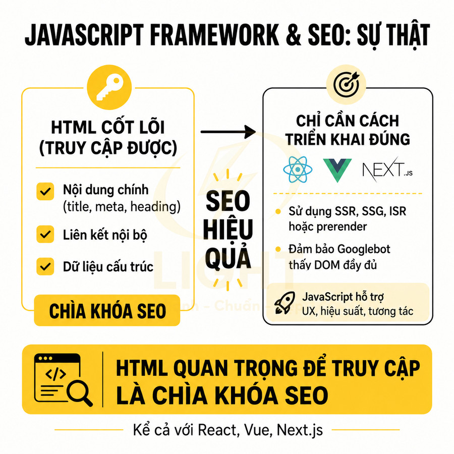 Infographic về JavaScript framework và SEO, nhấn mạnh HTML cốt lõi và triển khai đúng React, Vue, Next.js để tối ưu SEO