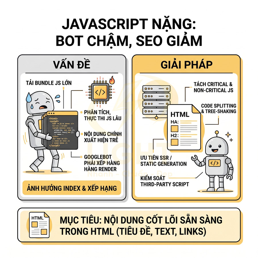 Minh họa vấn đề JavaScript nặng làm chậm bot và giảm SEO cùng giải pháp tối ưu HTML và script