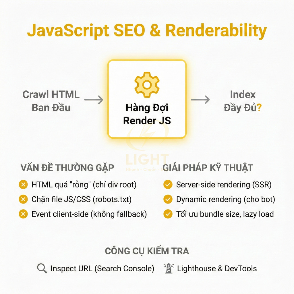 Sơ đồ JavaScript SEO và renderability, mô tả quy trình crawl HTML, hàng đợi render JS, index và các giải pháp kỹ thuật