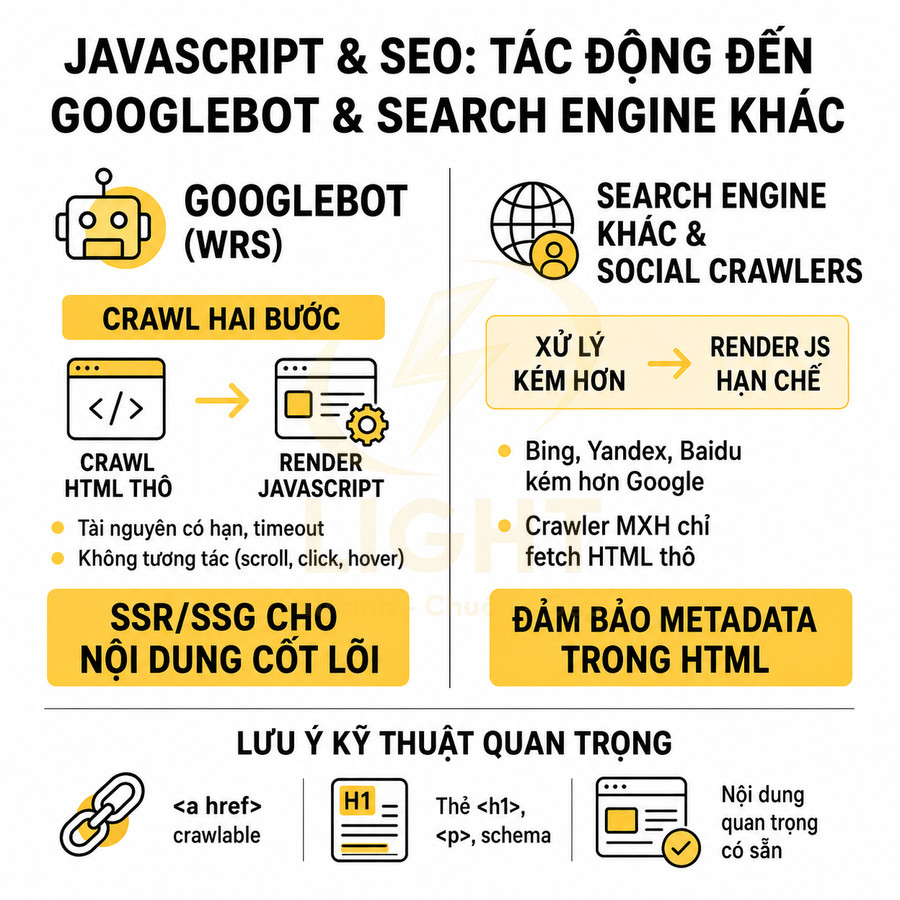 Infographic JavaScript và SEO giải thích cách Googlebot và các search engine khác xử lý crawl và render nội dung HTML, JavaScript