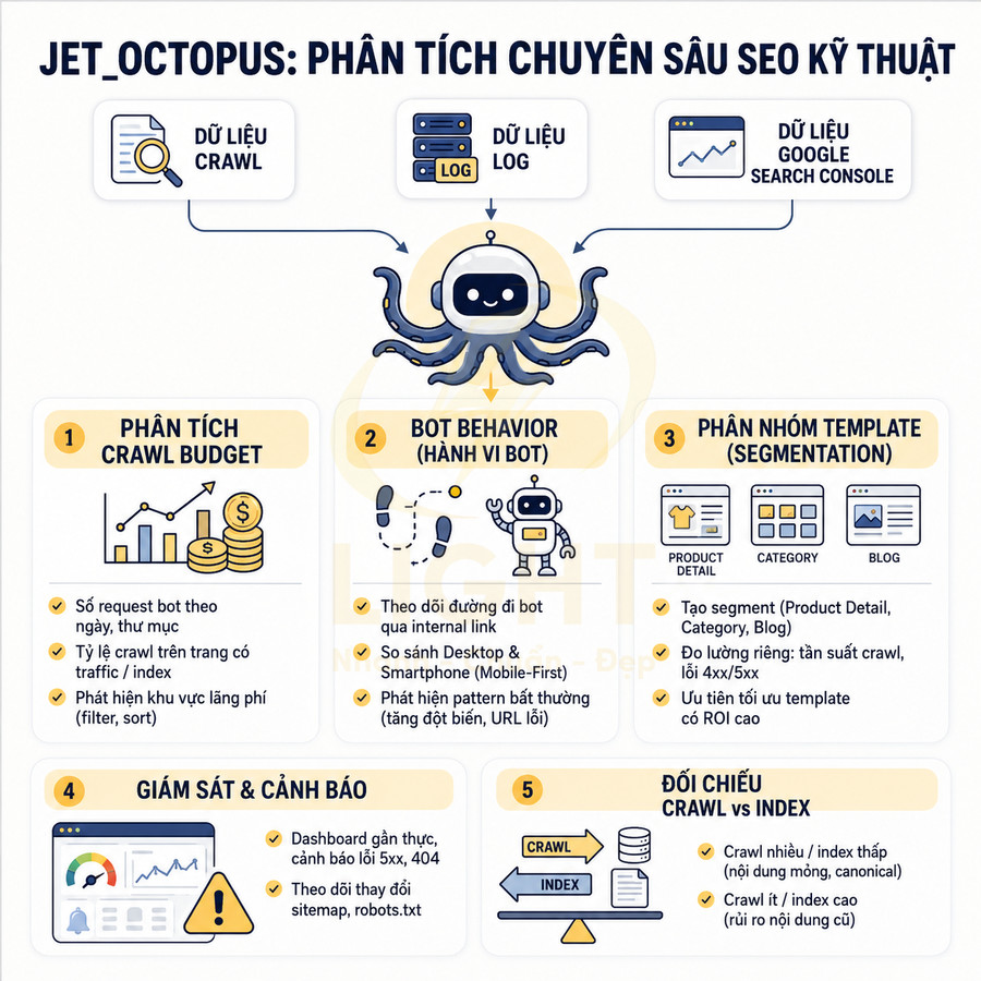 Infographic JetOctopus phân tích chuyên sâu SEO kỹ thuật với các tính năng crawl budget, hành vi bot, giám sát và đối chiếu crawl vs index