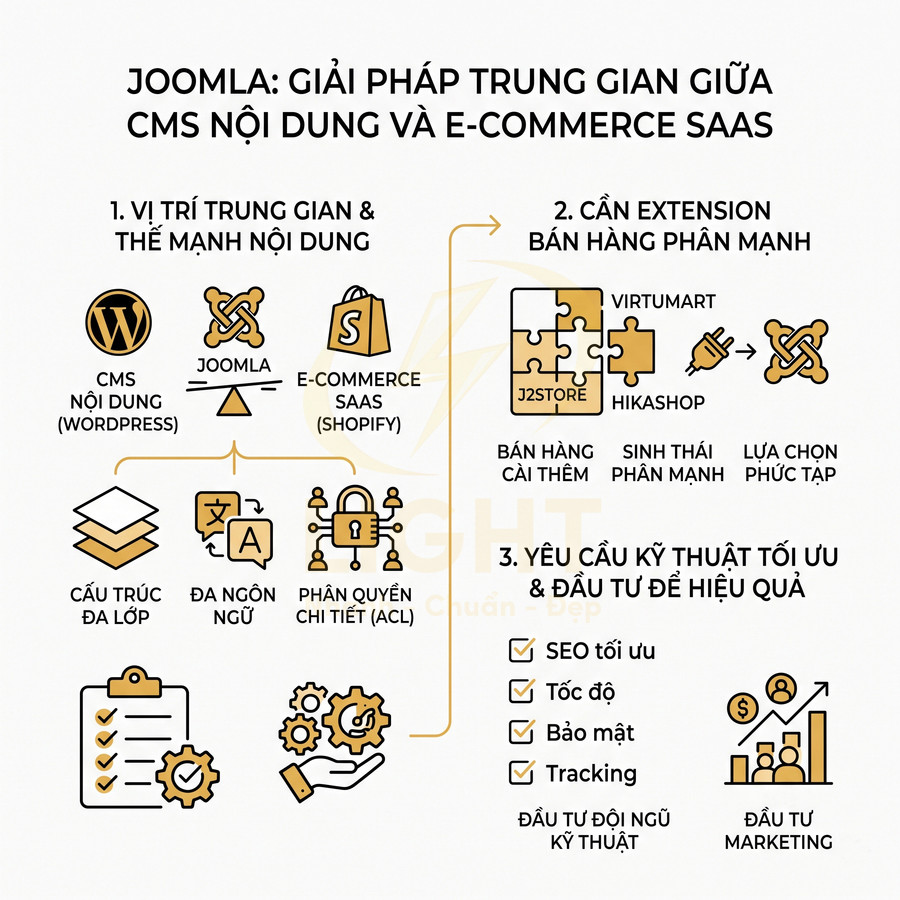 Infographic giới thiệu Joomla làm giải pháp trung gian giữa CMS nội dung và nền tảng e commerce SaaS như Shopify