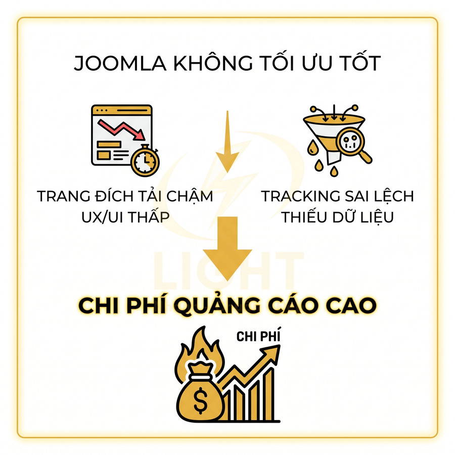 Mô tả nhược điểm Joomla khiến trang đích tải chậm, tracking sai lệch dẫn đến chi phí quảng cáo cao