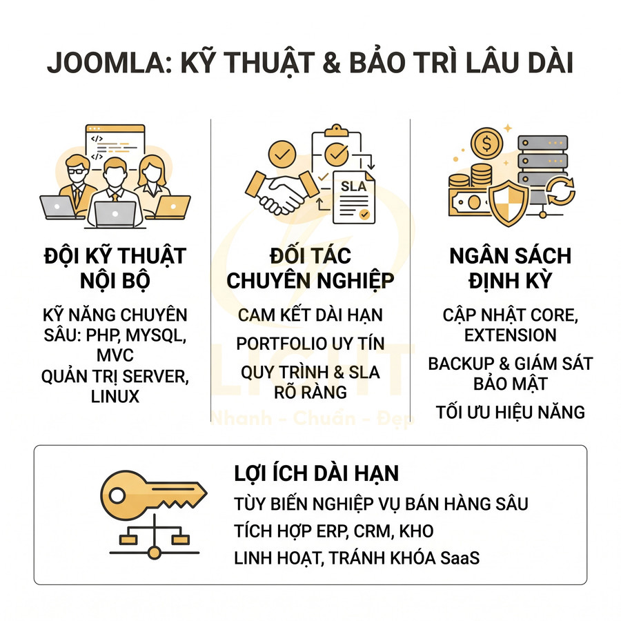 Infographic Joomla kỹ thuật và bảo trì lâu dài với đội kỹ thuật nội bộ, đối tác chuyên nghiệp, ngân sách định kỳ và lợi ích dài hạn