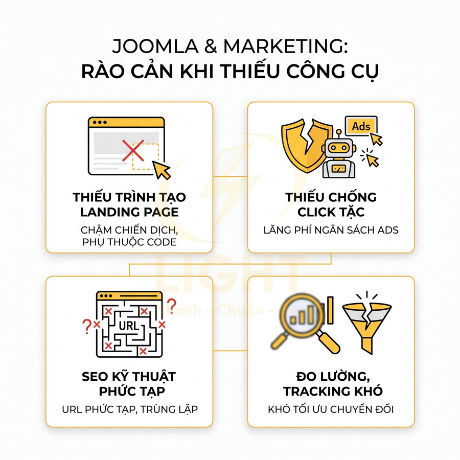 Joomla và marketing với các rào cản khi thiếu công cụ landing page, chống click tặc, SEO kỹ thuật và đo lường tracking
