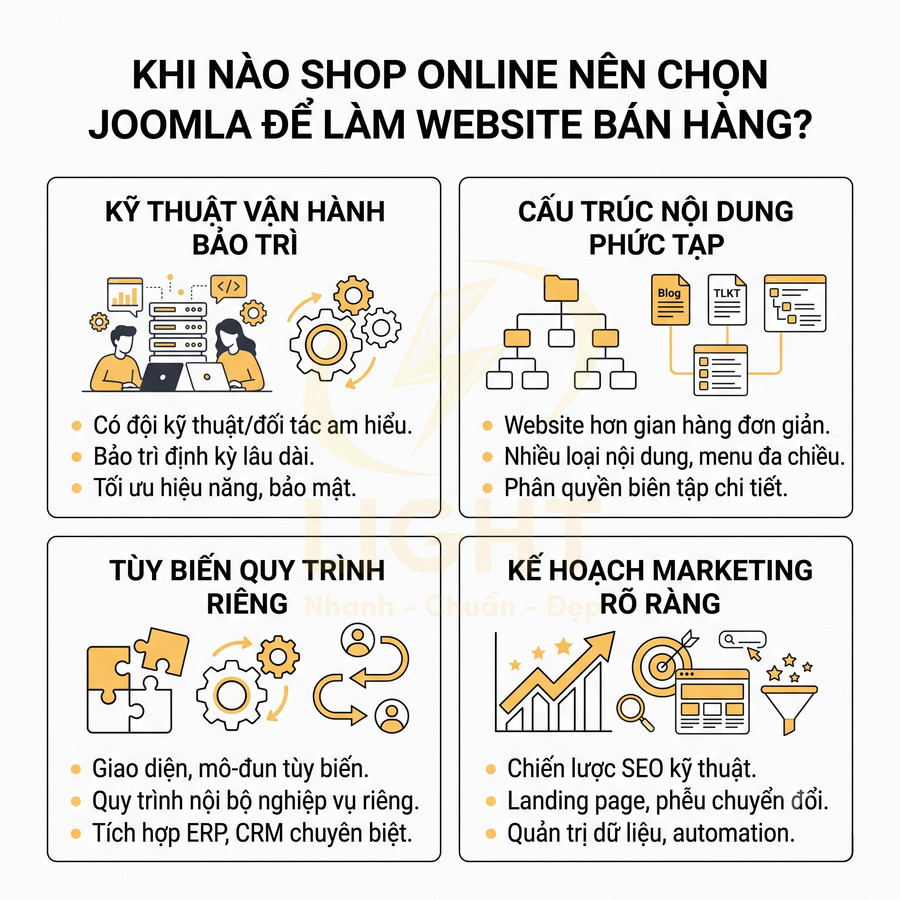 Infographic lý do shop online nên chọn Joomla làm website bán hàng với các lợi ích kỹ thuật, nội dung, tùy biến và marketing
