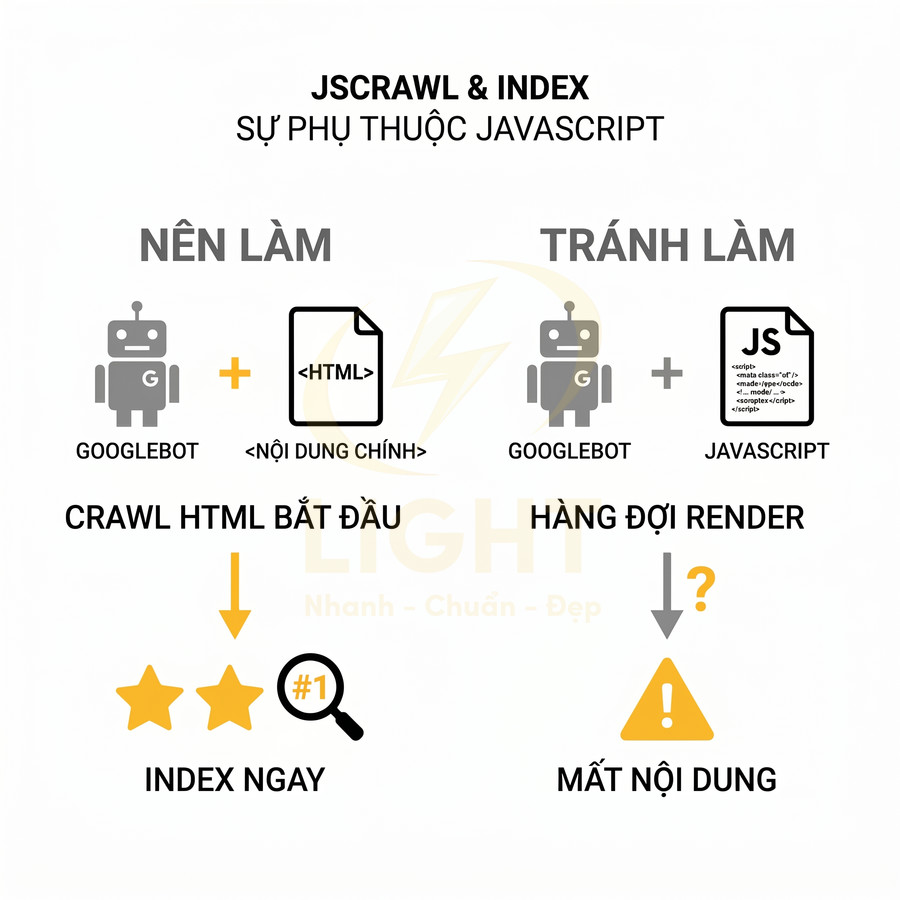 Minh họa cách Googlebot crawl và index HTML so với JavaScript, khuyến nghị đặt nội dung chính trong HTML