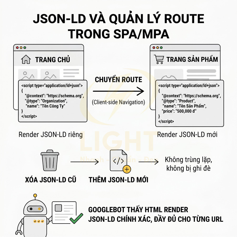 Minh họa cách quản lý JSON-LD khi chuyển route giữa trang chủ và trang sản phẩm trong SPA MPA