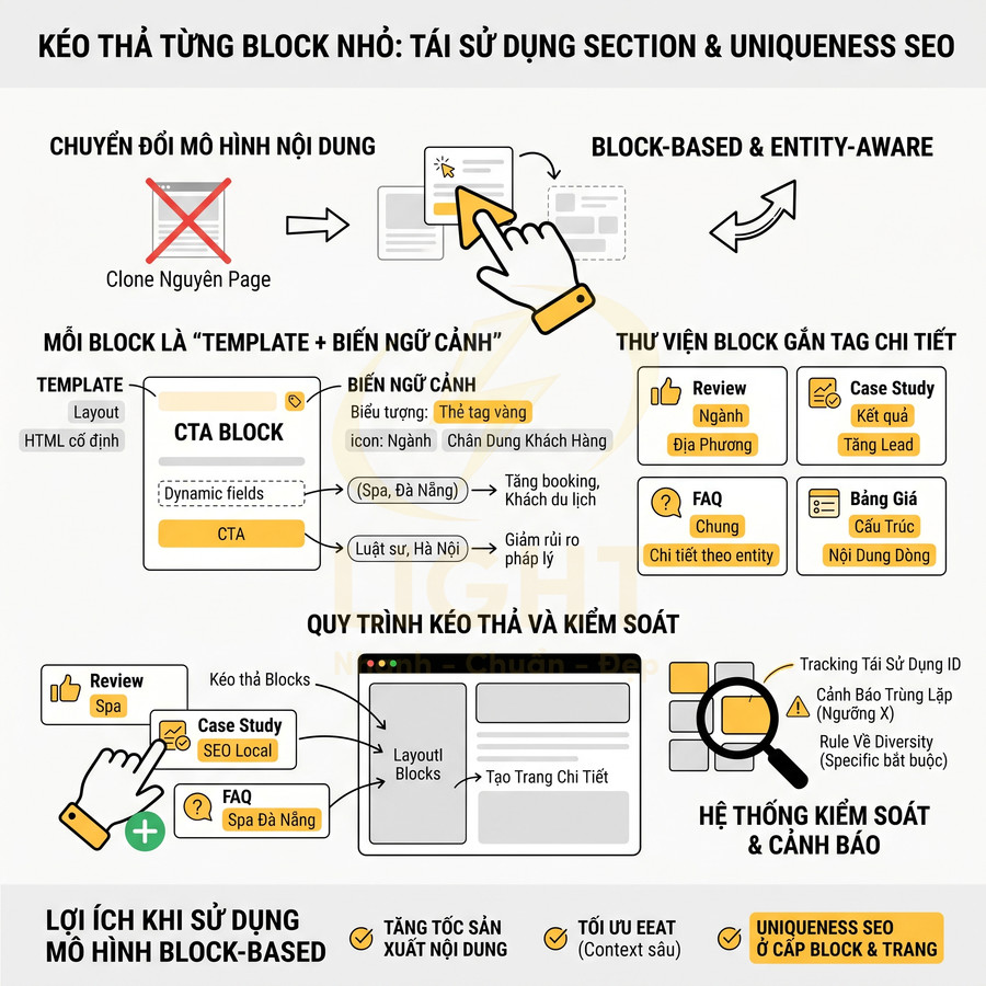 Mô hình block-based kéo thả tối ưu nội dung website và uniqueness SEO với hệ thống kiểm soát cảnh báo